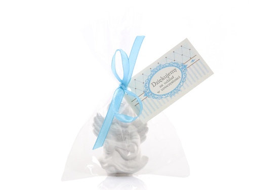 Aniołek gipsowy z niebieską kokardką - 1 szt.