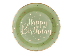 Talerzyki papierowe na urodziny oliwkowe Happy Birthday - 22,5 cm - 10 szt.