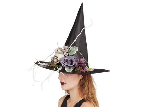 Kapelusz czarownicy z kwiatami na Halloween - 1 szt.