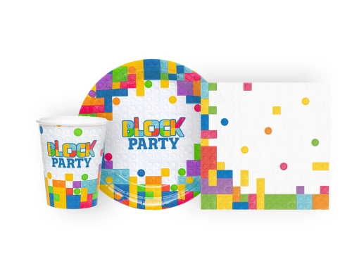 Zestaw kubeczki + serwetki + talerzyki papierowe Klocki - 22 szt.