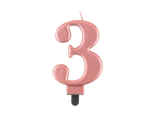 Świeczka cyferka metaliczna różowe złoto - 3 - trzy
