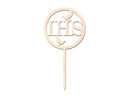Topper drewniany na tort IHS I Komunia Święta - 1 szt.