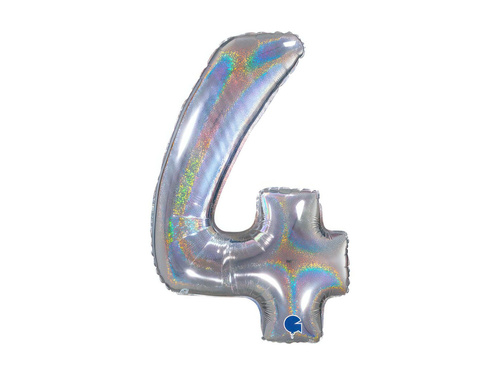 Balon foliowy cyfra 4 brokatowy holograficzny srebrny - 26" - 1 szt.