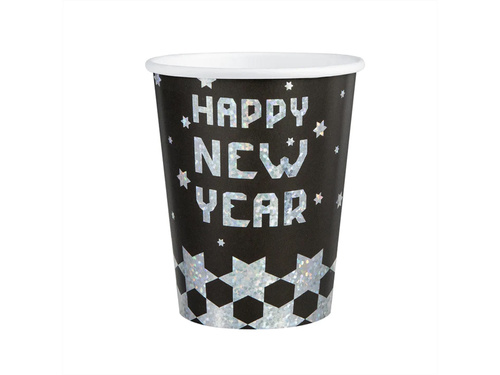 Kubeczki papierowe Happy New Year czarne - 266 ml - 6 szt.