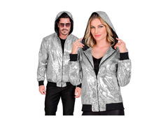 Imprezowa cekinowa kurtka - bomberka z kapturem - srebrna
