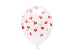 Balony lateksowe przezroczyste w czerwone serduszka - 33 cm - 6 szt.