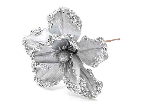 Dekoracja Magnolia na piku srebrna z brokatem - 1 szt.