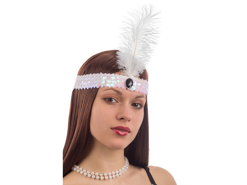 Retro opaska cekinowa z białym piórem - 1 szt.