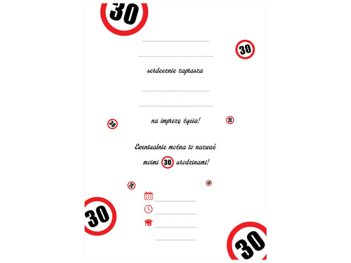Zaproszenia na 30-tke znak zakazu - 6 szt.