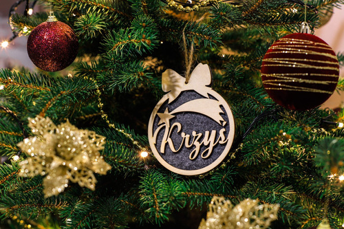 Zawieszka drewniana bombka personalizowana z szarym filcem DIY - 12 cm - 1 szt.