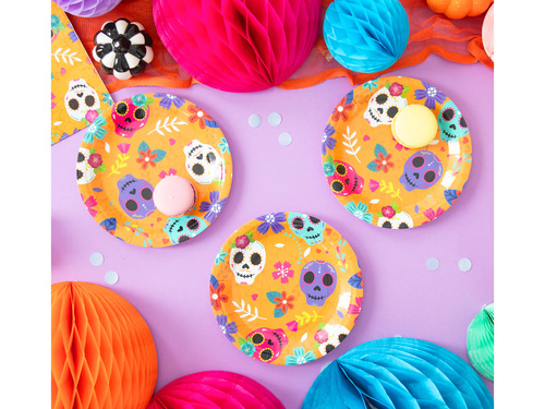 Talerzyki papierowe halloweenowe Meksykańska Czacha - 18 cm - 6 szt.