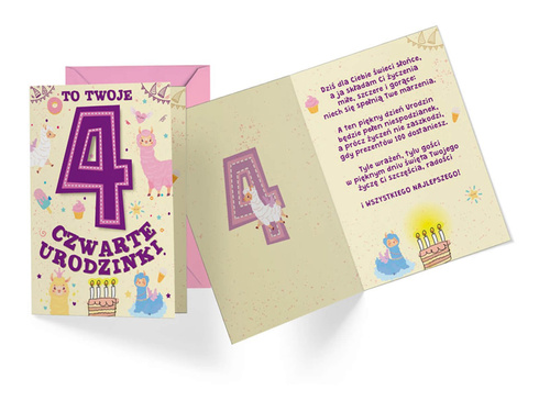 Kartka urodzinowa z kopertą na czwarte urodziny Lama - 1 szt.