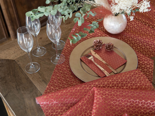 Dekoracja bieżnik na stół ze złotym wzorem - bordowy - 45 cm x 3 m - 1 szt.