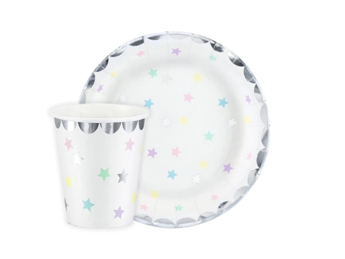 Zestaw kubeczki + talerzyki papierowe Jednorożec w gwiazdki - 24 szt.