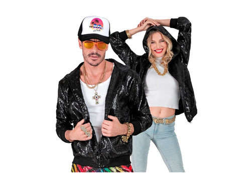 Imprezowa cekinowa kurtka - bomberka z kapturem - czarna