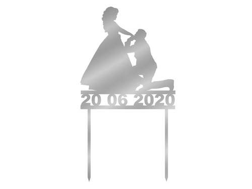 Topper z lustrzanej pleksi srebrny na tort Młoda Para - personalizowany - 13 cm