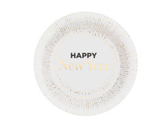 Talerzyki papierowe na Sylwestra i Nowy Rok Happy New Year - białe - 22,5 cm - 10 szt.