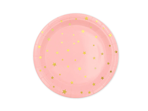 Talerzyki papierowe różowe w złote gwiazdki - 18 cm - 6 szt.