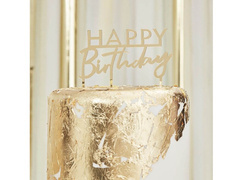 Topper akrylowy na tort Happy Birthday złoty - 11 cm - 1 szt.
