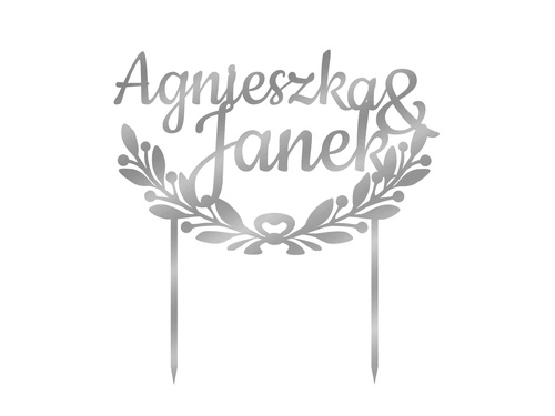 Topper z lustrzanej pleksi srebrny na tort personalizowany na wesele - 17 cm