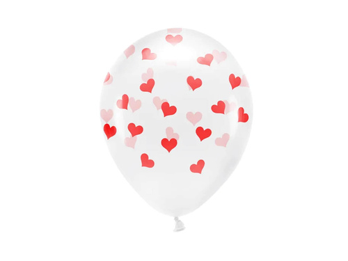 Balony lateksowe przezroczyste w czerwone serduszka - 33 cm - 6 szt.