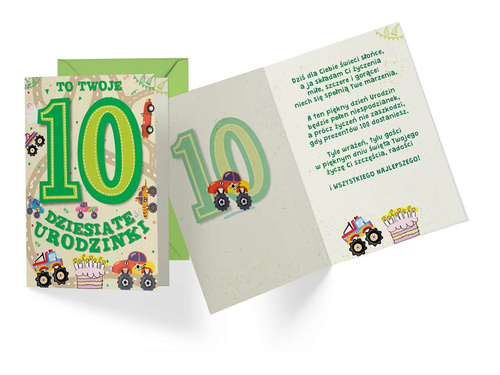 Kartka urodzinowa z kopertą na dziesiąte urodziny Samochodziki - 1 szt.