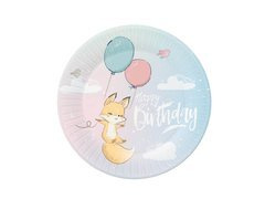 Talerzyki urodzinowe Happy Birthday z liskiem - 18 cm - 6 szt.