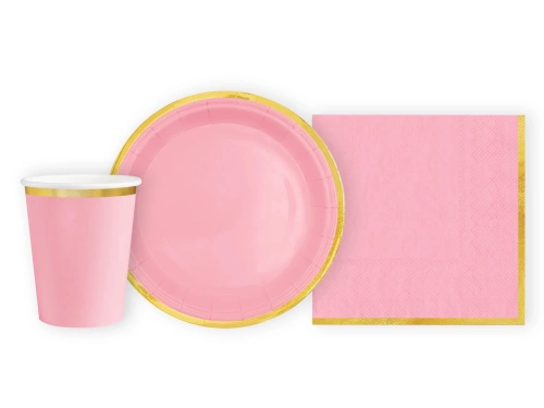 Zestaw kubeczki + serwetki + talerzyki papierowe jasnoróżowe ze złotym brzegiem - 22 szt.
