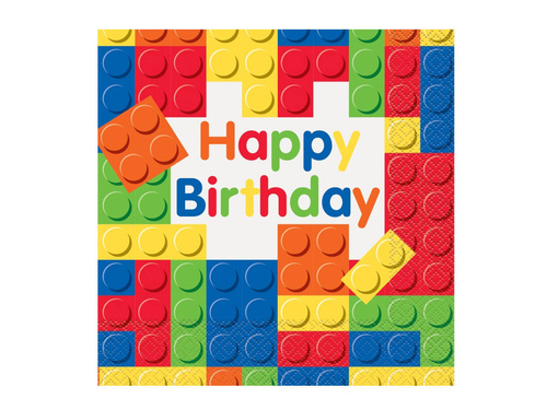 Zestaw kubeczki, talerzyki i serwetki papierowe + obrus na urodziny Klocki - 33 szt.