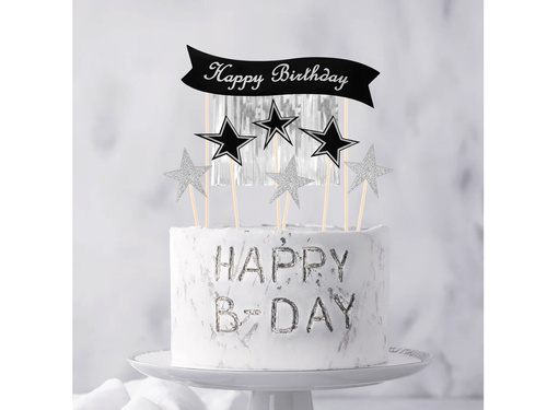 Topper na tort Happy Birthday z pikerami srebrny - 7 szt.