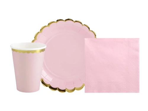 Zestaw kubeczki + talerzyki + serwetki papierowe w kolorze różowym ze złotem - 44 szt.