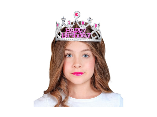 Srebrna tiara Happy Birthday z różowymi klejnotami