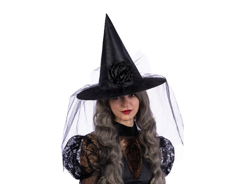 Kapelusz czarownicy z welonem i kwiatem czarny - 1 szt.