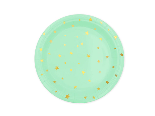 Talerzyki papierowe miętowe w złote gwiazdki - 18 cm - 6 szt.