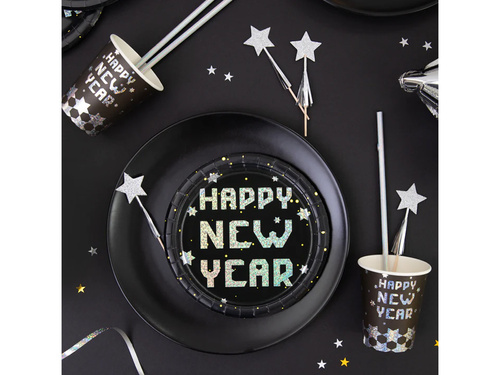 Talerzyki papierowe Happy New Year czarne - 23 cm - 6 szt.