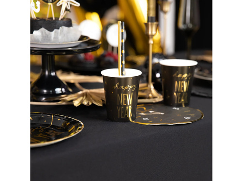 Kubeczki papierowe na Sylwestra Nowy Rok Happy New Year czarne - 220 ml - 6 szt.