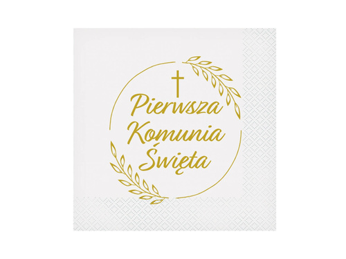 Serwetki ze złotym napisem Pierwsza Komunia Święta Kłosy - 33 cm - 20 szt.