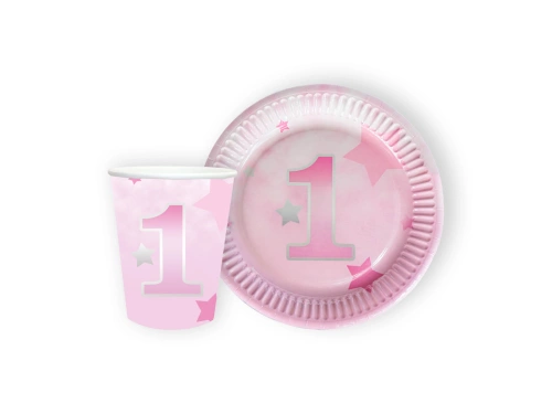 Zestaw kubeczki + talerzyki papierowe na roczek Gwiazdki różowe - 24 szt.