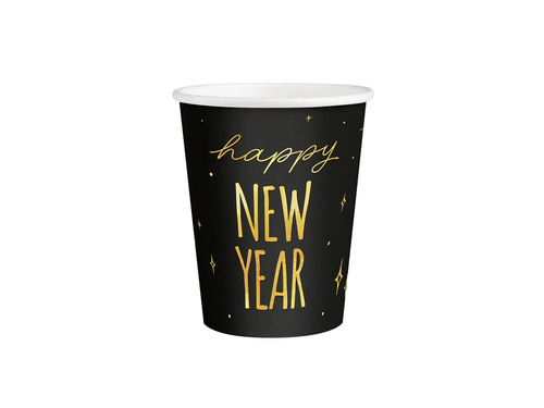 Kubeczki papierowe na Sylwestra Nowy Rok Happy New Year czarne - 220 ml - 6 szt.