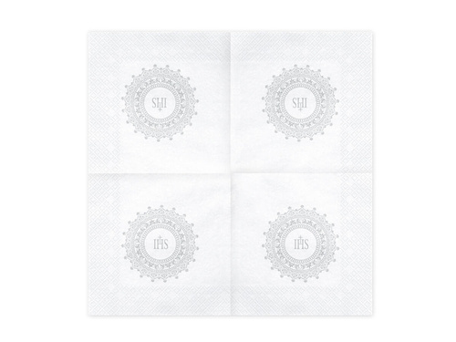 Serwetki komunijne ze srebrnym IHS - białe - 33x33 - 20 szt