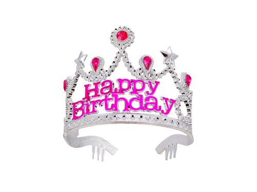 Srebrna tiara Happy Birthday z różowymi klejnotami