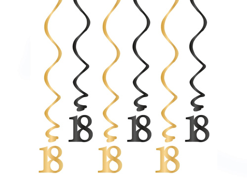 Dekoracja wisząca świderki na 18-stkę złoto-czarne - 6 szt.