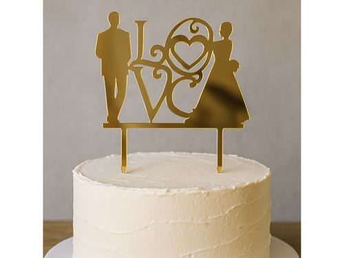 Topper z lustrzanej pleksi złoty na tort Love z Młodą Parą - 16,5 cm