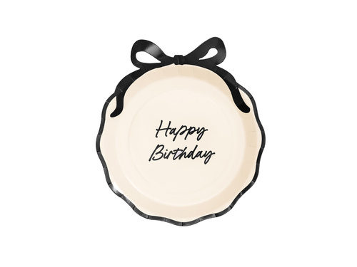 Talerzyki papierowe na urodziny Happy Birthday z kokardką - 24 cm - 6 szt.