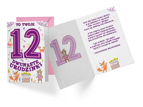 Kartka urodzinowa z kopertą na dwunaste urodziny Leśne Zwierzątka - 1 szt.