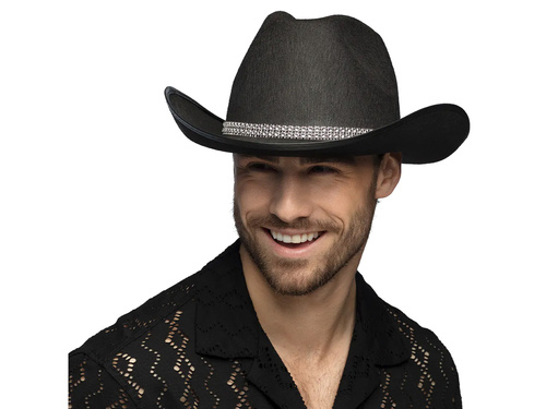 Kapelusz kowbojski z cyrkoniami czarny - 1 szt.