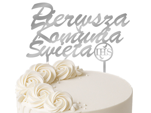 Topper z lustrzanej pleksi srebrny na tort Pierwsza Komunia Święta