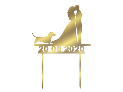 Topper z lustrzanej pleksi złoty na tort Młoda Para - 16 cm