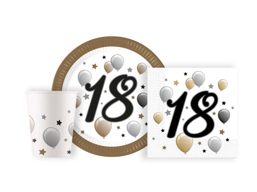 Zestaw kubeczki + talerzyki + serwetki papierowe na 18-ste urodziny - 36 szt.