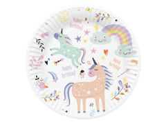 Talerzyki papierowe urodzinowe Jednorożec i tęcza - 23 cm - 8 szt.